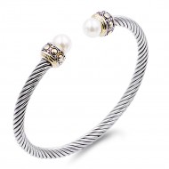 2-Tones Plated Cable Cuff Bracelets with Pearl