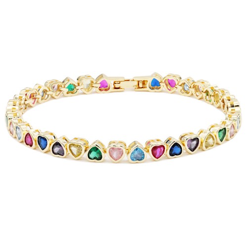 Gold Plated With Multi Color CZ Heart Tennis Bracelets. 7"