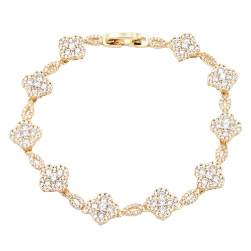 Gold Plated With Clear CZ Clover Bracelets, 7" Gold Plated With Clear CZ Clover Bracelets, 7"
