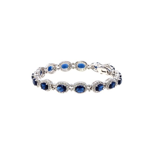 Rhodium Plated with Blue Oval AAA CZ Sapphire Bracelet Tennis Bridal Wedding Party Jewelry For Woman
