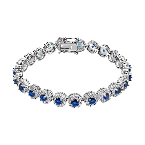 Rhodium Plated With Blue AAA CZ Bracelets Flower Floral Sapphire Bracelet Tennis Bridal Wedding Party Jewelry