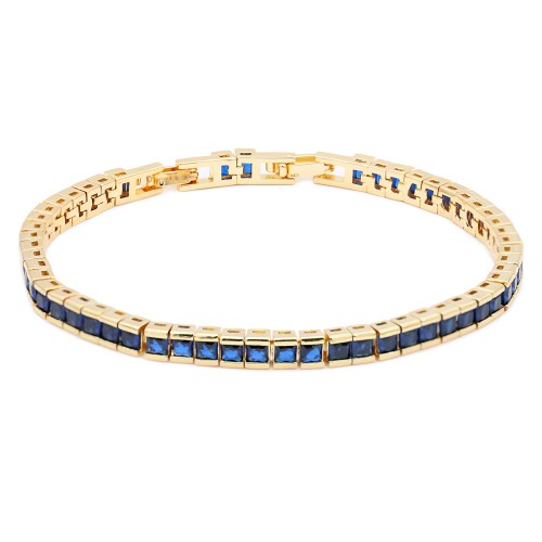 Gold Plated With Blue Princess Cut CZ 4MM Tennis Bracelests. 7 inch+1 inch Ext