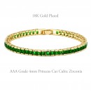 Gold Plated With Emerald Green Princess Cut CZ 4MM Tennis Bracelests. 7 inch+1 inch Ext