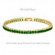 Gold Plated With Emerald Green Princess Cut CZ 4MM Tennis Bracelets. 7 inch +1 inch Ext