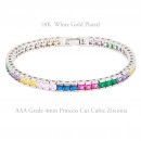 Rhodium Plated With Multi Color Prnicess Cut 4MM Tennis Bracelets. 7"+1' Lengh