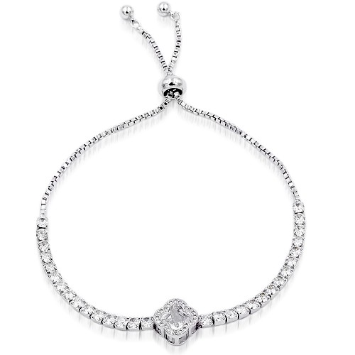 Rhodium Plated Clover Lariat Bracelet with Clear CZ Stone