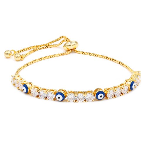 Gold Plated Lariat Bracelet with Evil Eye and Clear Round CZ