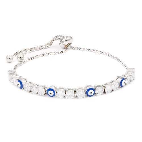 Gold Plated Lariat Bracelet with Evil Eye and Clear Round CZ