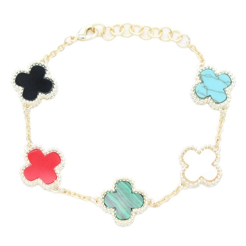 14K Gold Plated With 5 Multi Color Clover Lobster Closure Bracelets. 7"+1"