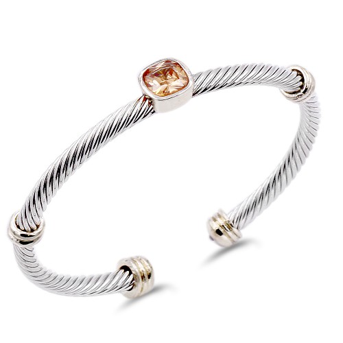 Two-Tone With Topaz Color Stone 4MM Cable Cuff Bracelets