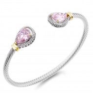 Two-Tone Plated With Pink Stone 4MM Cable Cuff  Bracelets