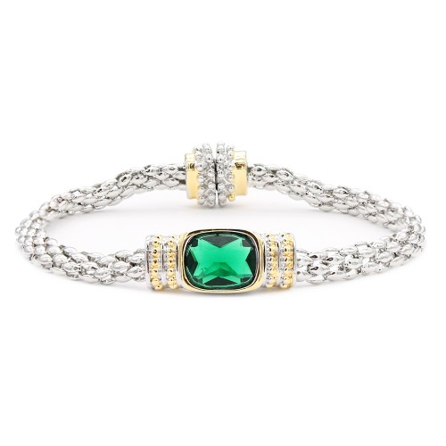 Two-Tone Plated Green Color Cable  Bracelets, 7.5''L