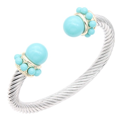 Two-Tone With Turquoise Color Stone 7MM Cable Cuff Bracelets.