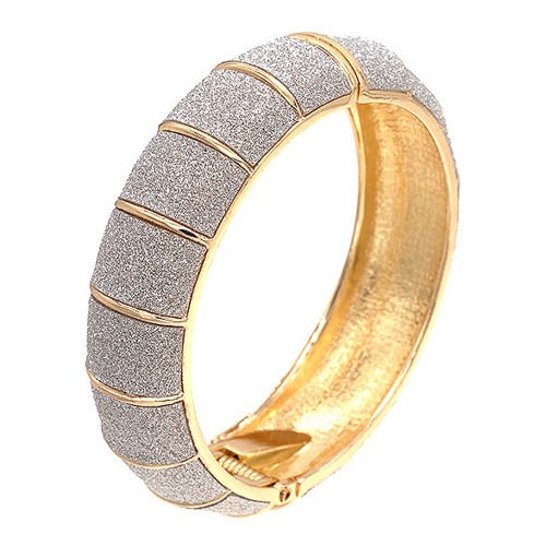 Gold Plated with Glitter Hinged Bangles, Round Hinged Bangle Bracelet Evening Party Bling Fashion Jewelry For Woman 8&quot;