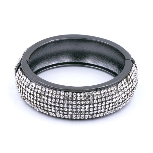 Black Plated with Clear Cubic Zirconia Glitter Hinged Bangle Bracelets