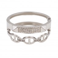 Rhodium Plated with Clear Crystals Hinged Bangle Bracelet