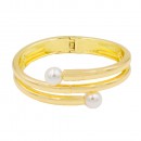 Rhodium Plated with 2 White Pearls Hinged Bangle Bracelet
