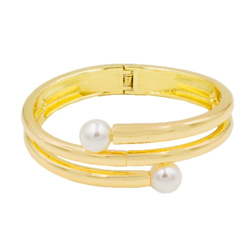 Gold Plated with 2 White Pearls Hinged Bangle Bracelet