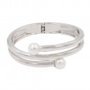 Rhodium Plated with 2 White Pearls Hinged Bangle Bracelet