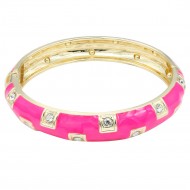 Gold Plated With Fushia Color Enamel Hinged Bangles Bracelets