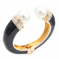 Gold Plated Black Enamel Cuff Bangle With Pearls