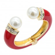 Gold Plated With Light Red Color Enamel Hinged Bangles Bracelets