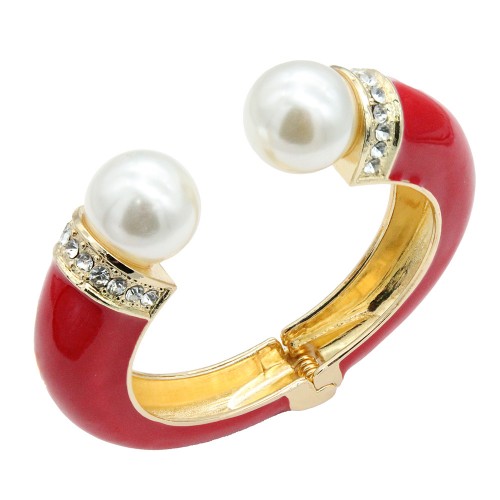 Gold Plated With Light Red Color Enamel Hinged Bangles Bracelets
