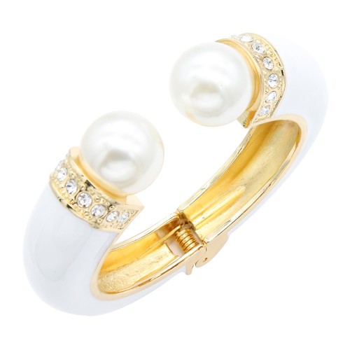 Gold Plated White Enamel Cuff Bangle With Pearls