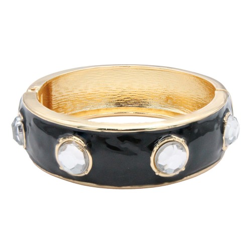 Gold Plated Black Enamel With Clear Crystal Bangle