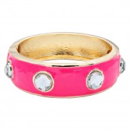 Gold Plated Fuchsia Enamel With Clear Crystal Bangle