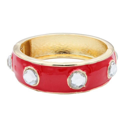 Gold Plated Red Enamel With Clear Crystal Bangle
