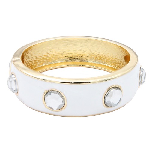 Gold Plated White Enamel With Clear Crystal Bangle