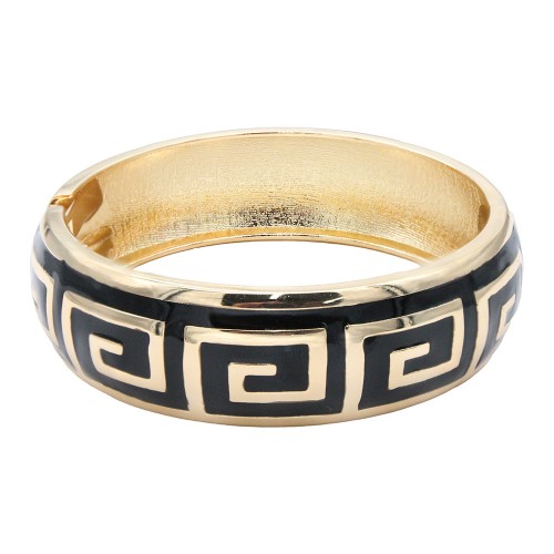 Gold Plated Black Enamel Hinged Bangle