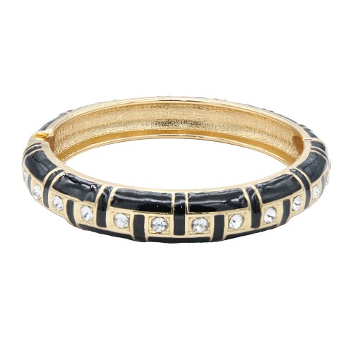 Gold Plated Black Enamel Hinged Bangle