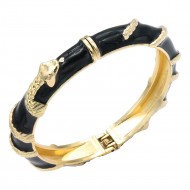 Gold Plated Black Enamel Hinged Bangle