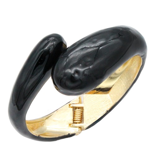 Gold Plated Black Enamel Hinged Bangle