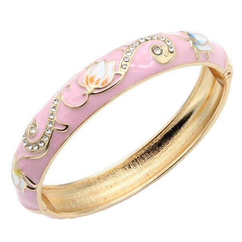 Gold Plated Pink Enamel Hinged Bangle