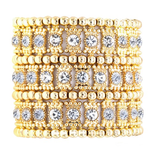 Gold Plated with 3-Lines Crystal Fashion Trendy Stretch Bracelet 7&quot;