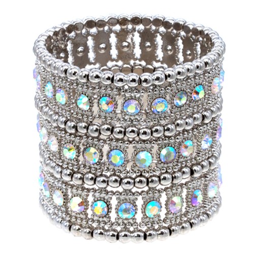 Rhodium 3-Lines AB Crystal Fashion Trendy Stretch Bracelet 7&quot;