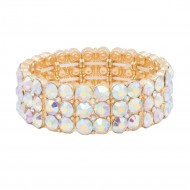 Gold Plated With AB Round Shape Rhinestone 3 Lines Stretch Bracelet Evening Party Jewelry 7 Inch