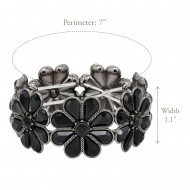 Gunmetal Plated With Black Glass Stretch Flower Bracelets