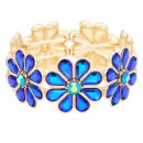 Gold Plated With Blue AB Glass Stretch Flower Bracelets