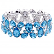 Rhodium Plated with Auqa Blue Glass Stretch Bracelets