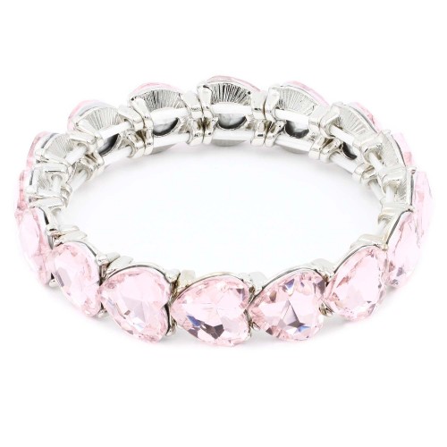 Rhodium Plated With Pink Crystal Stretch Bracelet