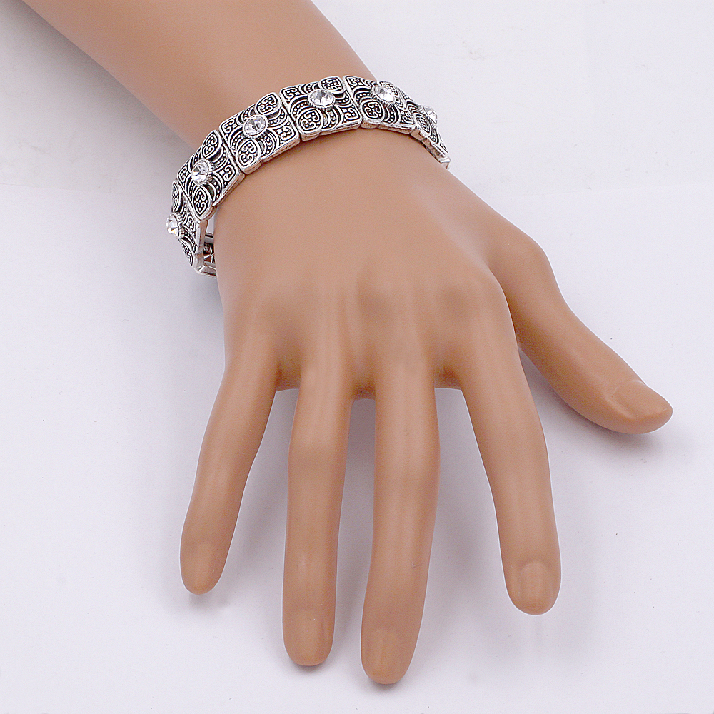 Antique Silver Plated Cubic Shape Clear Crystal Elastic Stretch Bangle Bracelets 