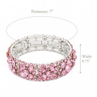 Rhodium Plated With Pink Crustal Stretch Bracelets