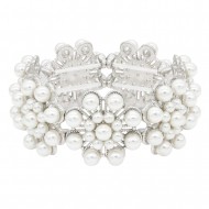 Rhodium Plated Stretch Bracelet with White Color Bead