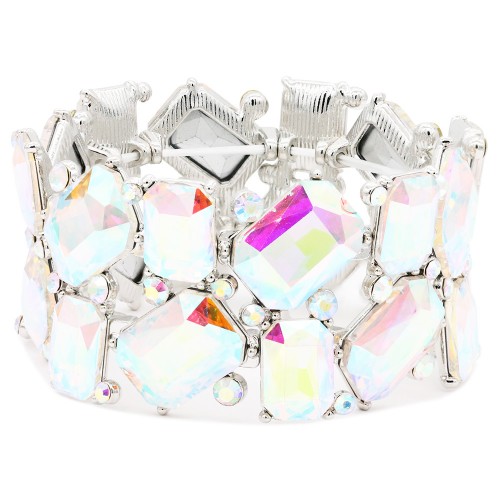 Rhodium Plated With AB Color Crystal Stretch Bracelet