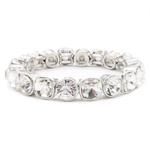 Rhodium Plated With Clear Crystal Stretch Bracelets