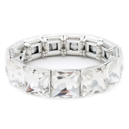 Rhodium Plated With Clear Crystal Stretch Bracelets